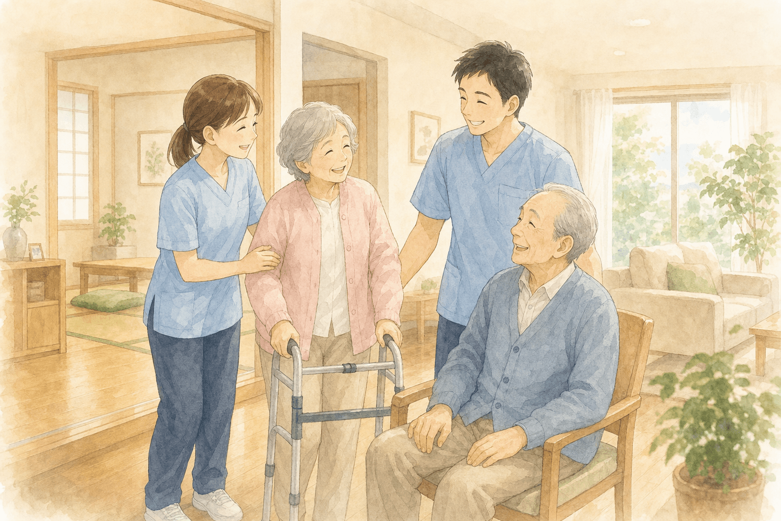 和室で笑顔を見せる訪問鍼灸の施術者とご高齢のお客様のイラスト